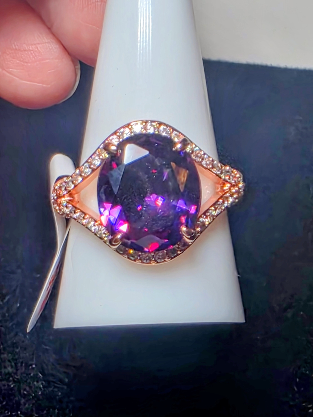 Rose Gold-Style Ring with Purple Center Stone and Pavé Halo